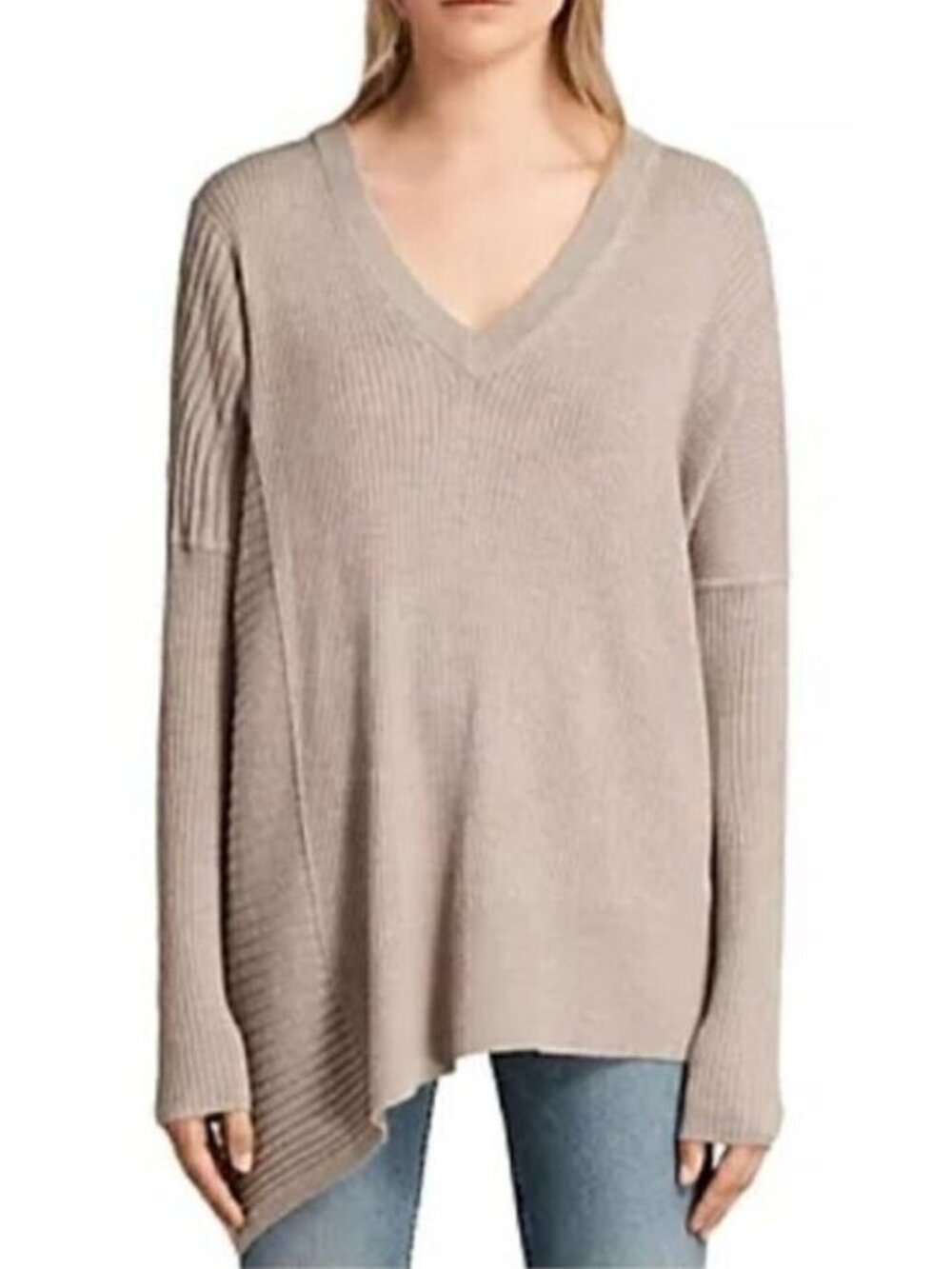 Allsaints Keld Olivo V Neck Ribbed Wool Blend Sweater - XS/S, OVERSIZED!